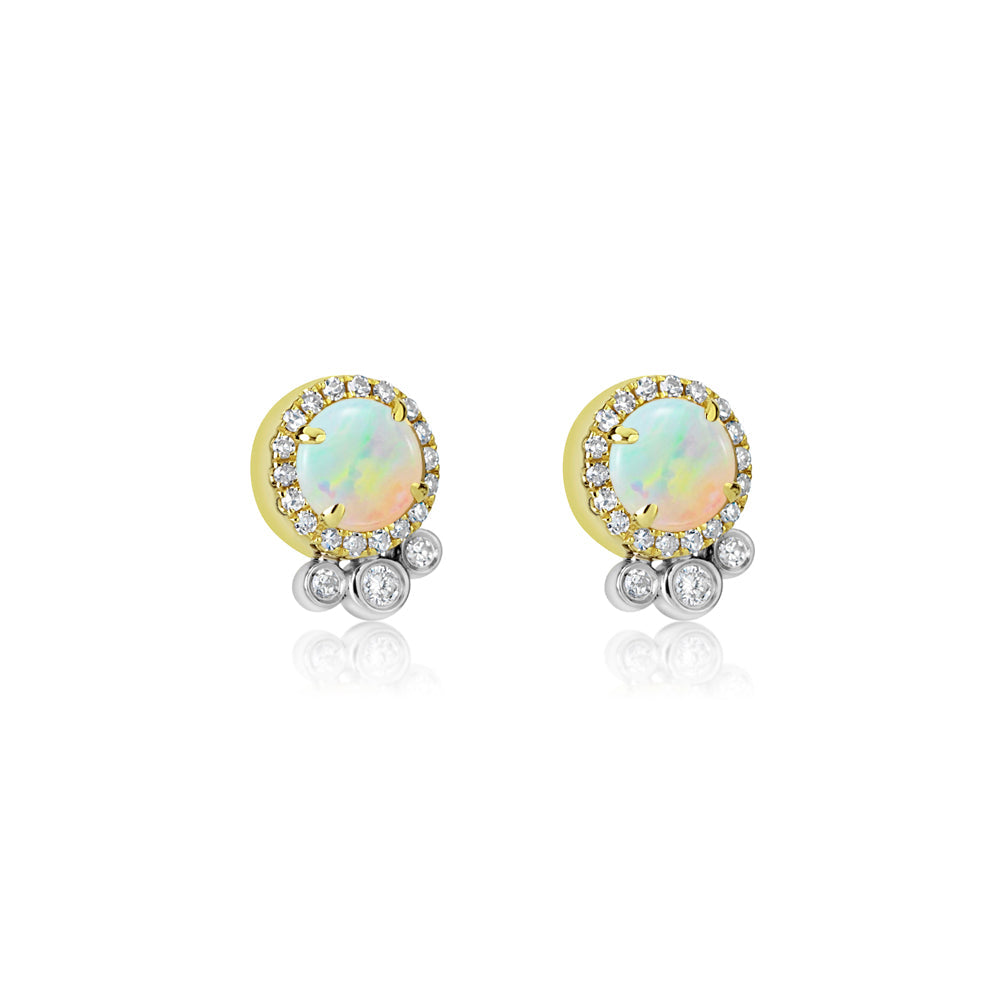 yellow gold diamond studs with centered white opal and diamond bezels