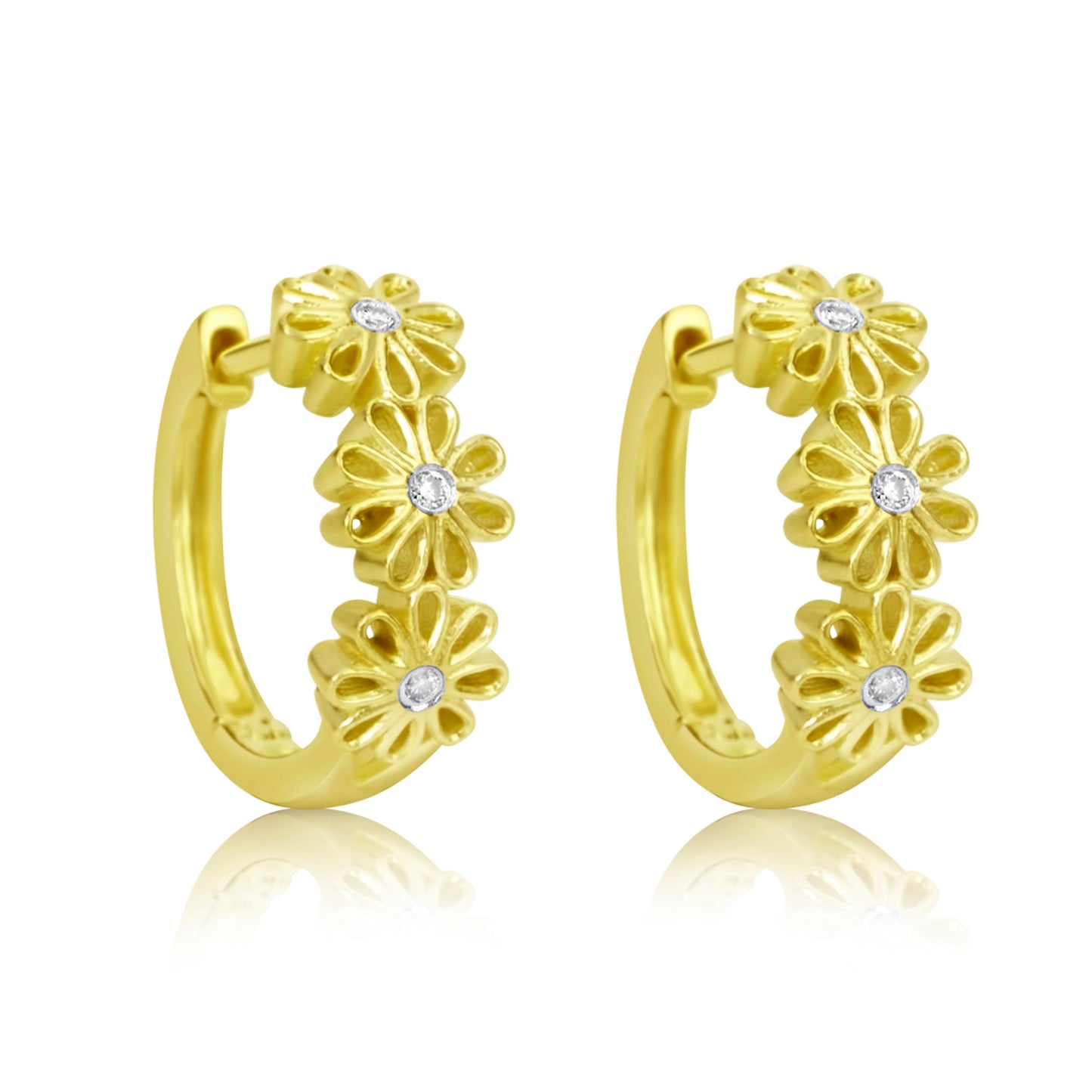 Yellow Gold Flower and Diamond Huggies