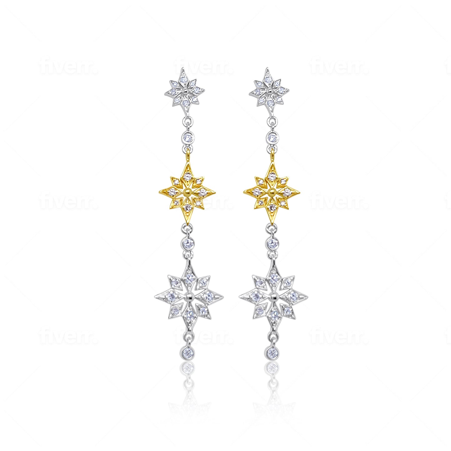 Two Tone Drop Diamond Starburst Earrings