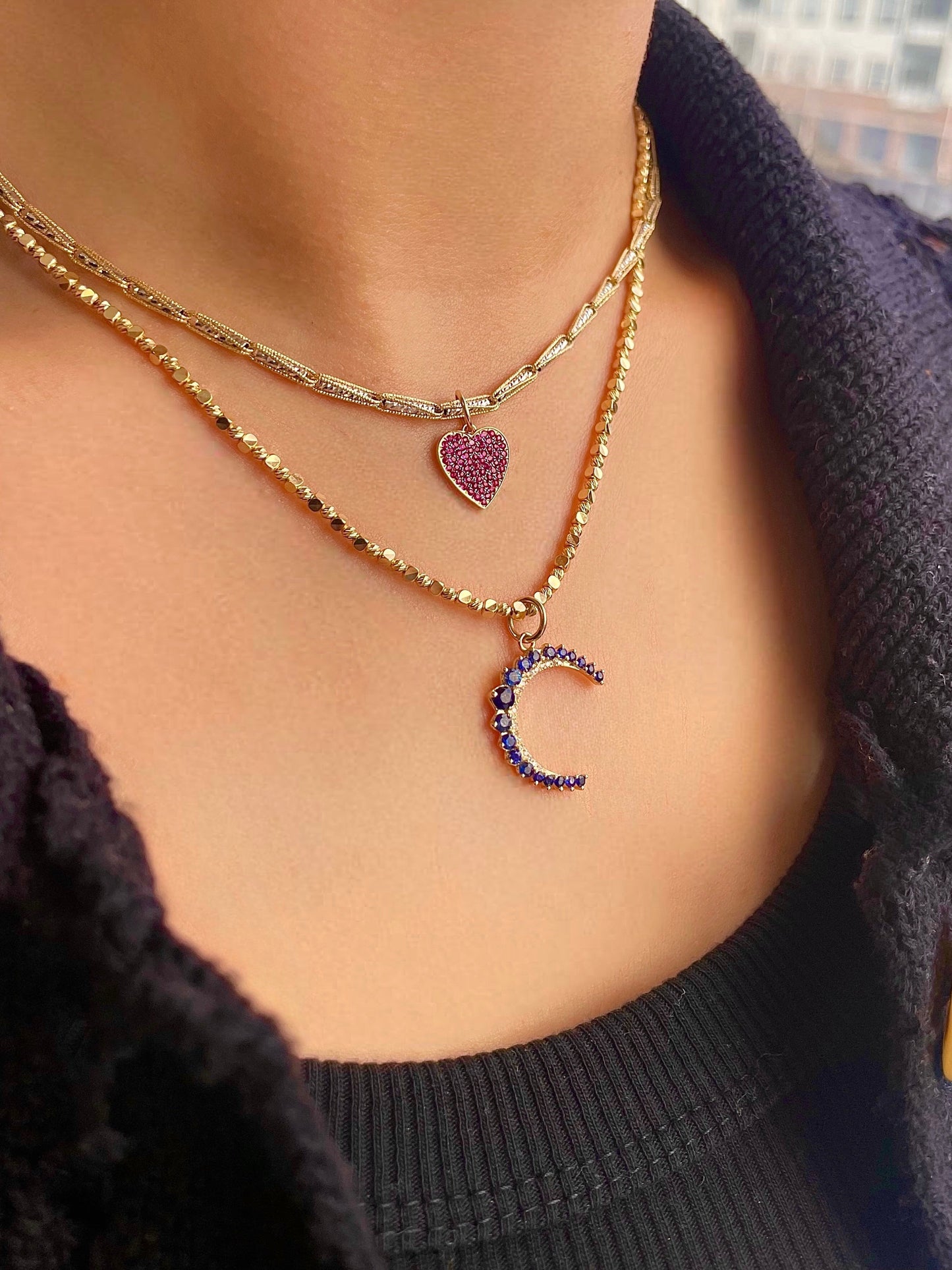 Yellow Gold Blue Sapphire Moon Charm