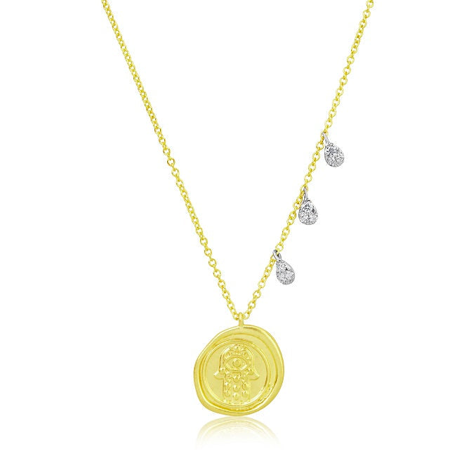 Yellow Gold Hamsa Seal and Diamond Necklace