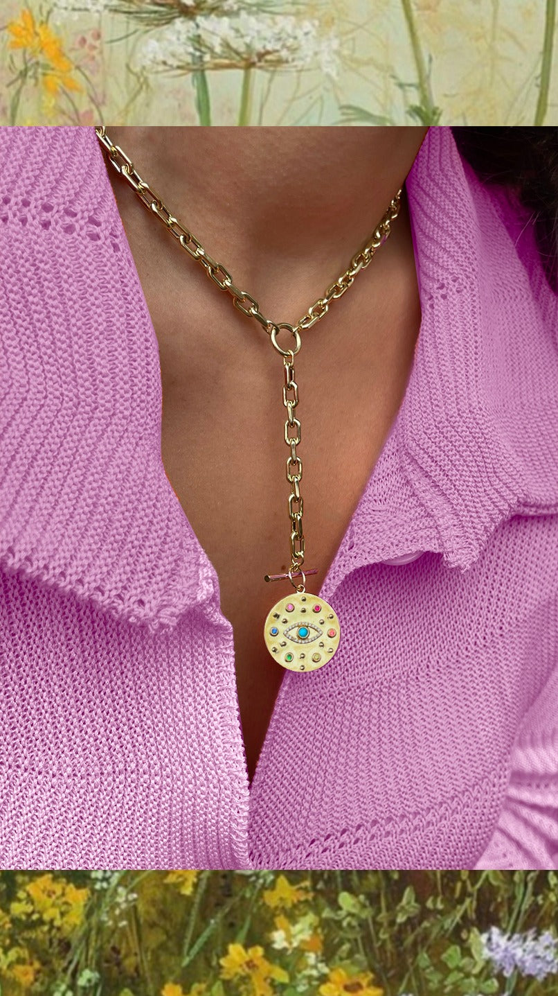 Yellow Gold and Multicolor Evil Eye Medallion
