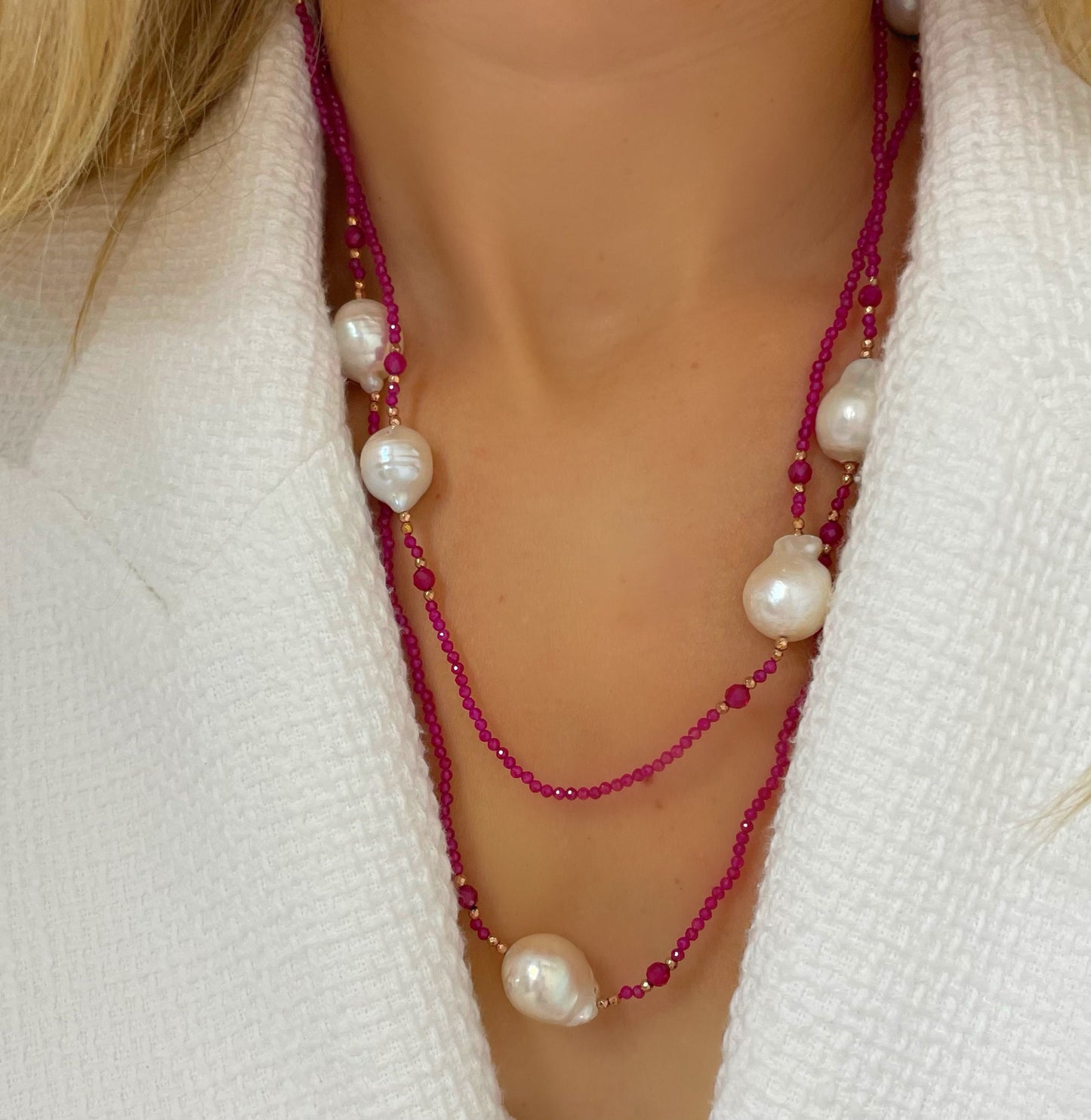 White Organic Pearl and Rose Hematite Bead Long Wrap Necklace