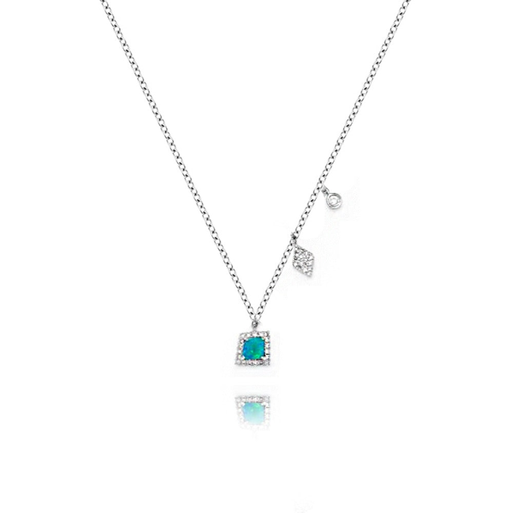 White Gold Diamond Opal Charm Necklace
