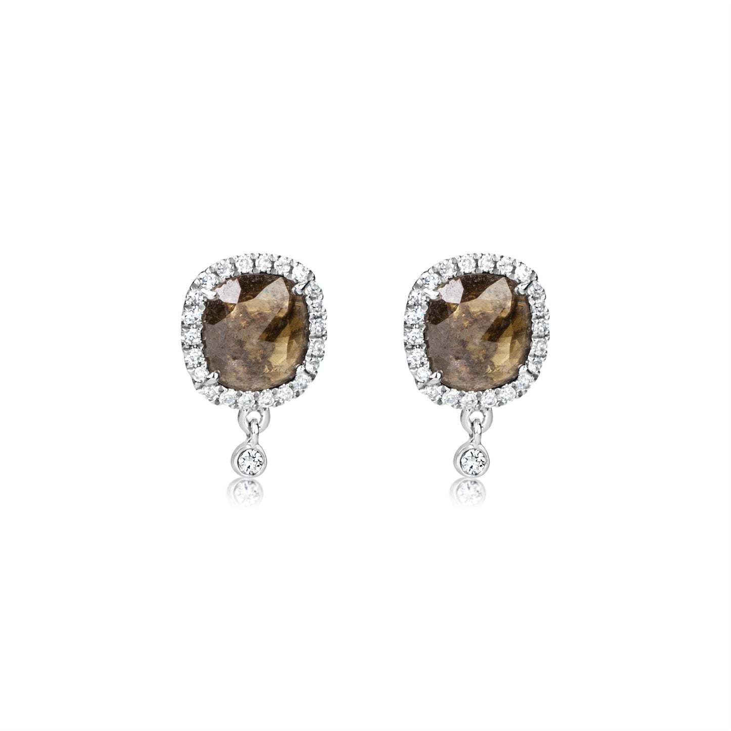 White Gold Rough Diamond Studs with Diamond Halo and Drop Bezel Diamonds