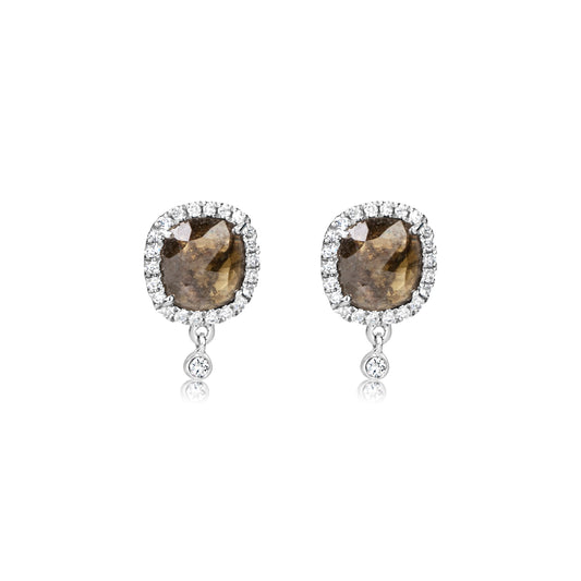 White Gold Rough Diamond Studs with Diamond Halo and Drop Bezel Diamonds