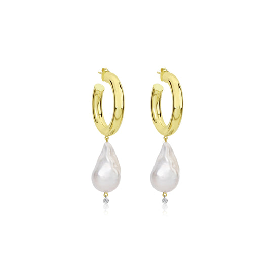Yellow Gold and Pearl Chunky Hoops