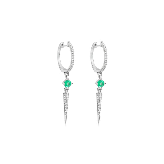 white gold diamond and emerald huggies with drop diamond spike