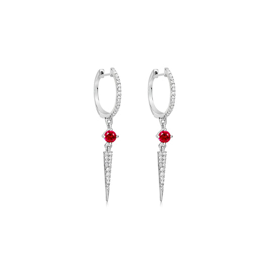 white gold and diamond huggie with drop diamond spike and ruby center