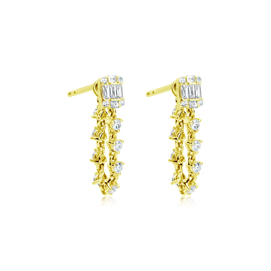 Yellow gold emerald illusion drop earrings with diamond chain