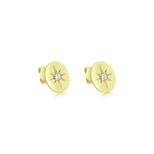 Brushed Yellow Gold Diamond Starburst Studs