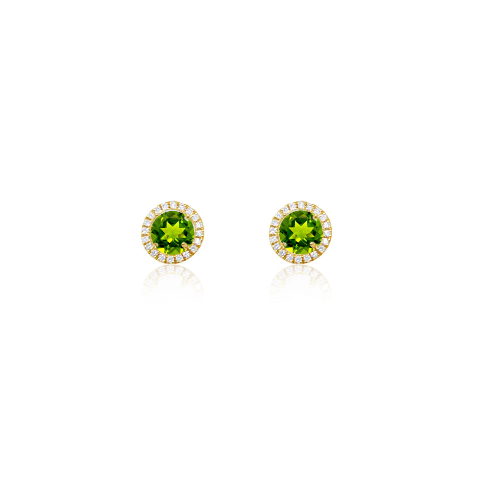 Yellow Gold Peridot Stud with Diamond Halo