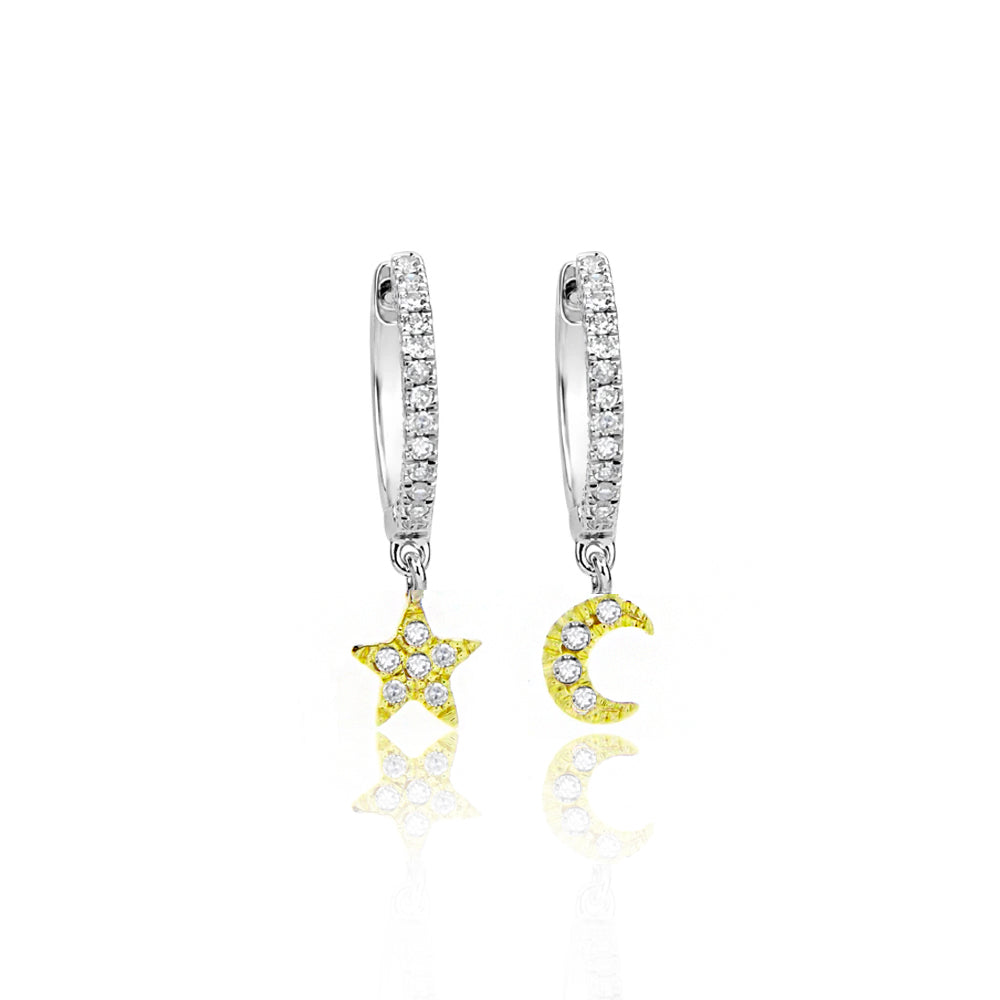 Moon and Star Diamond Huggie Earrings