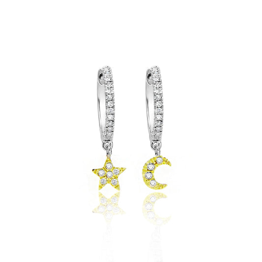 Moon and Star Diamond Huggie Earrings