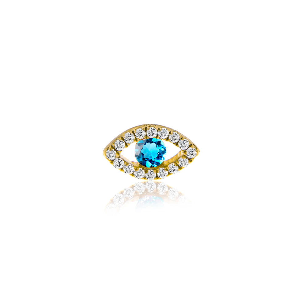 yellow gold and diamond evil eye stud with centered blue topaz