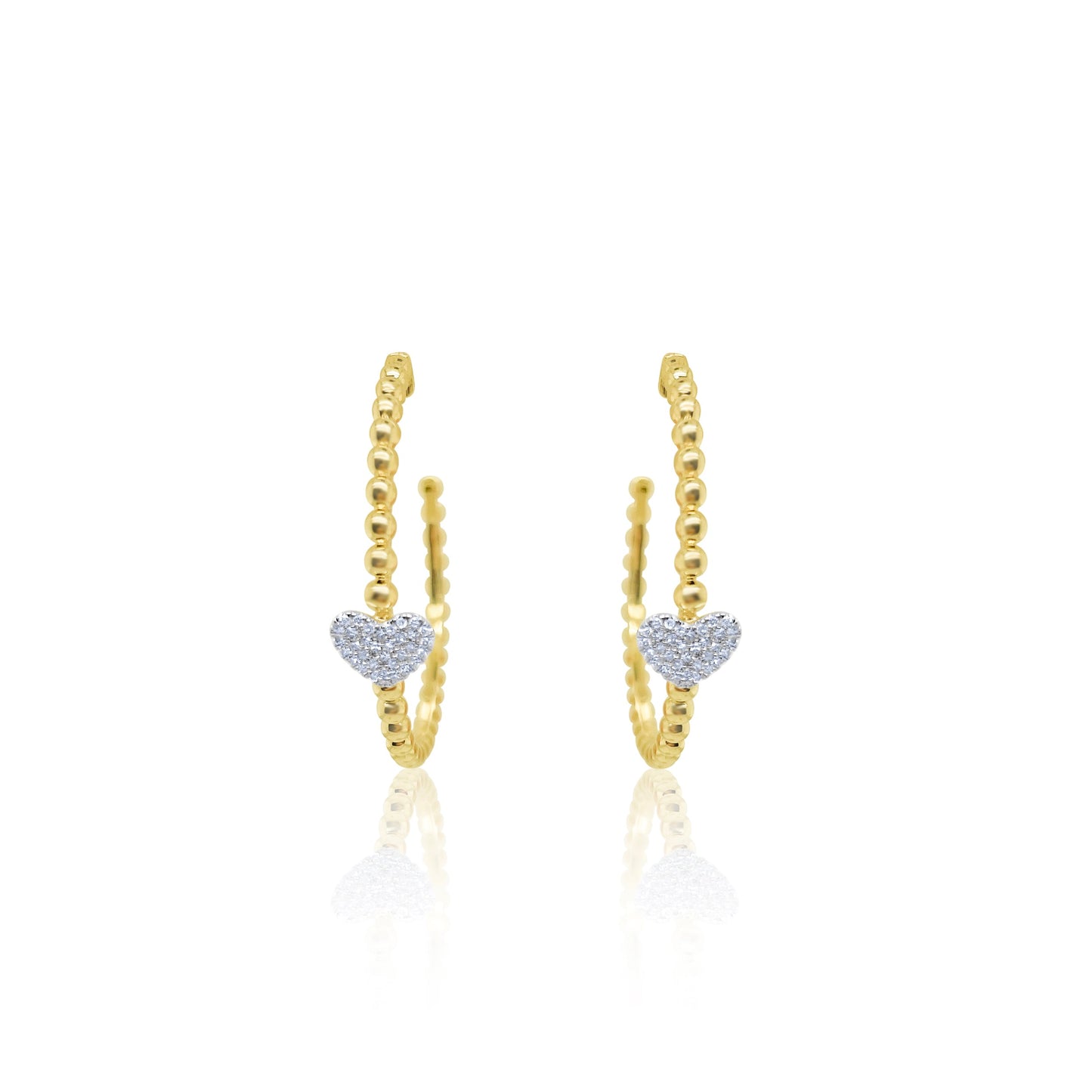 Yellow Gold Ball and Diamond Heart Hoops