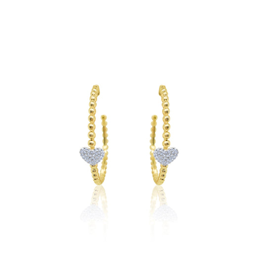 Yellow Gold Ball and Diamond Heart Hoops
