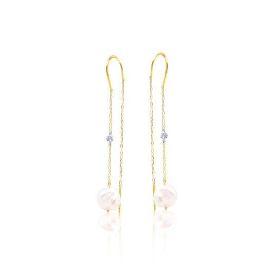 Yellow Gold Pearl Threader Earrings