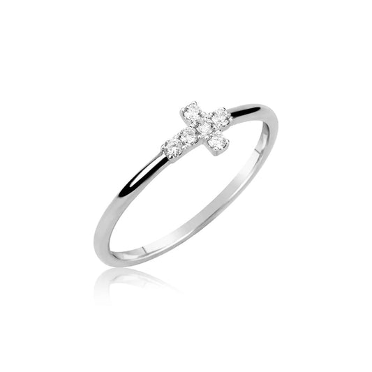 White Gold Dainty Diamond Cross Ring