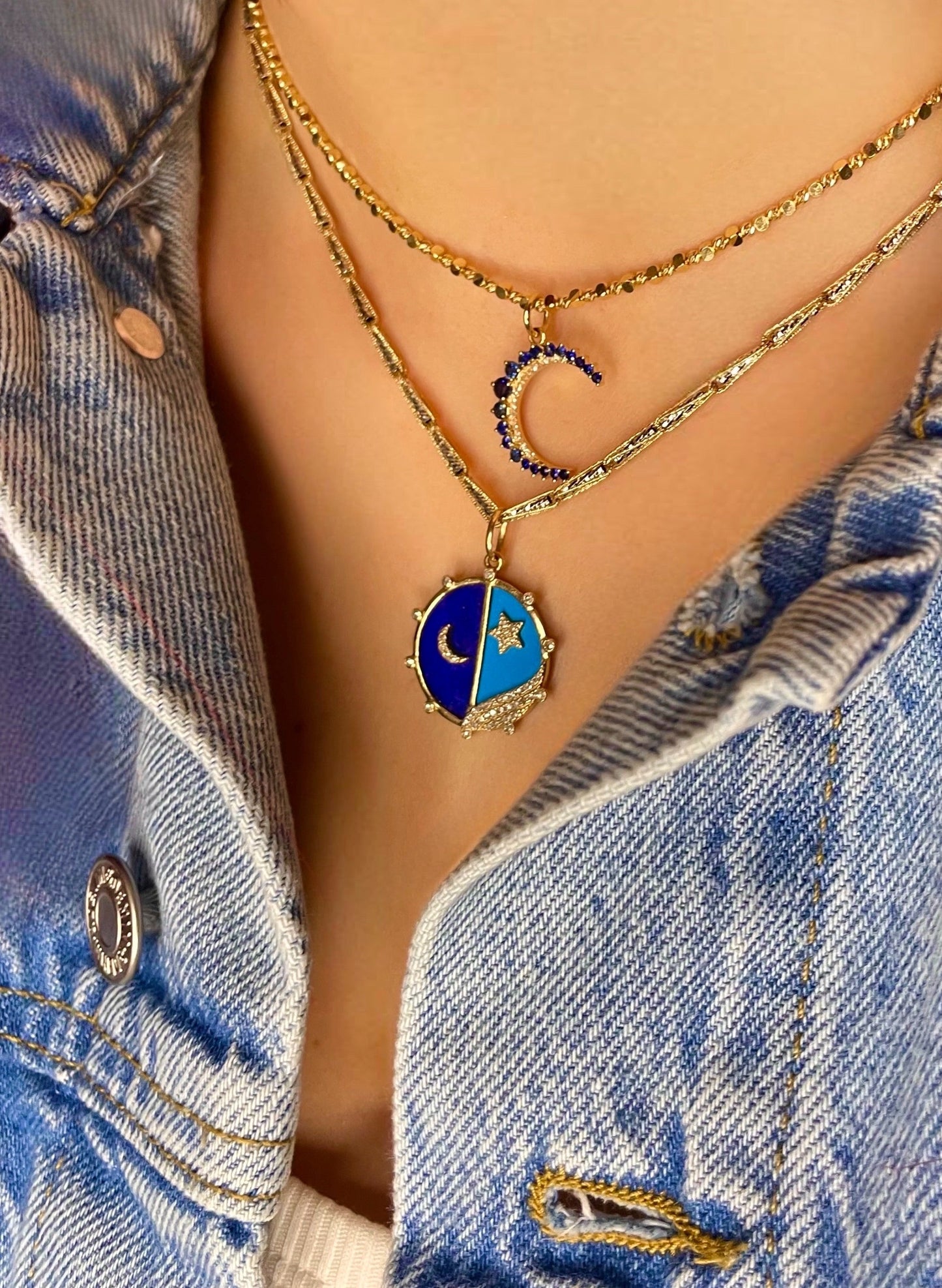 Yellow Gold Blue Sapphire Moon Charm