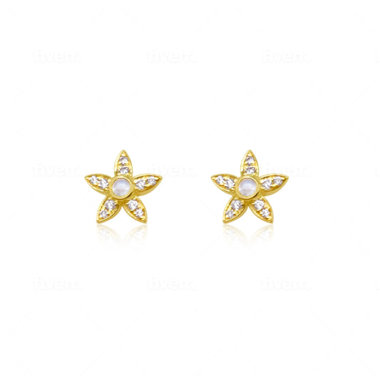 yellow gold and diamond studs with centered moonstone