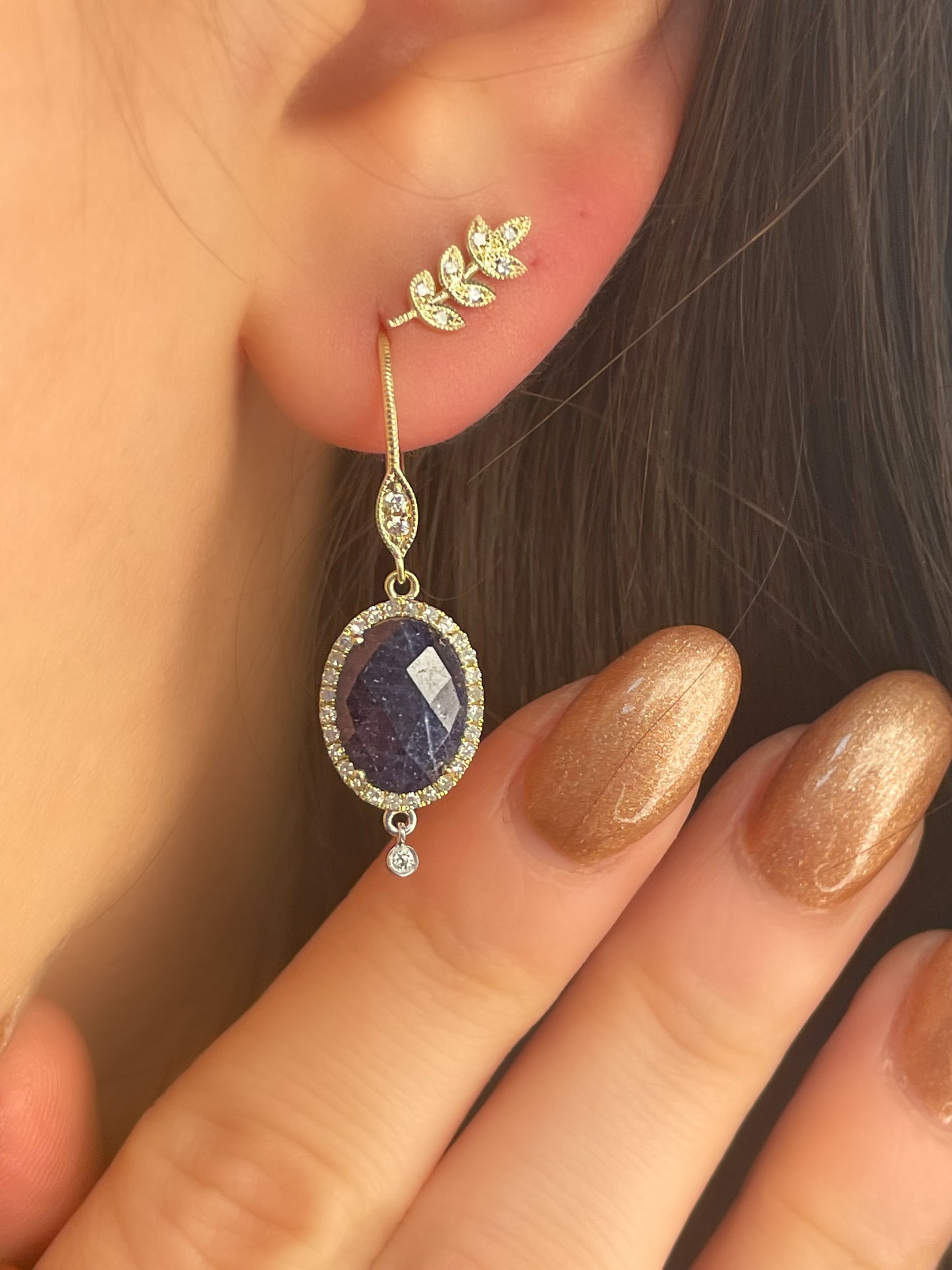 Yellow Gold Blue Sapphire and Diamond Earrings