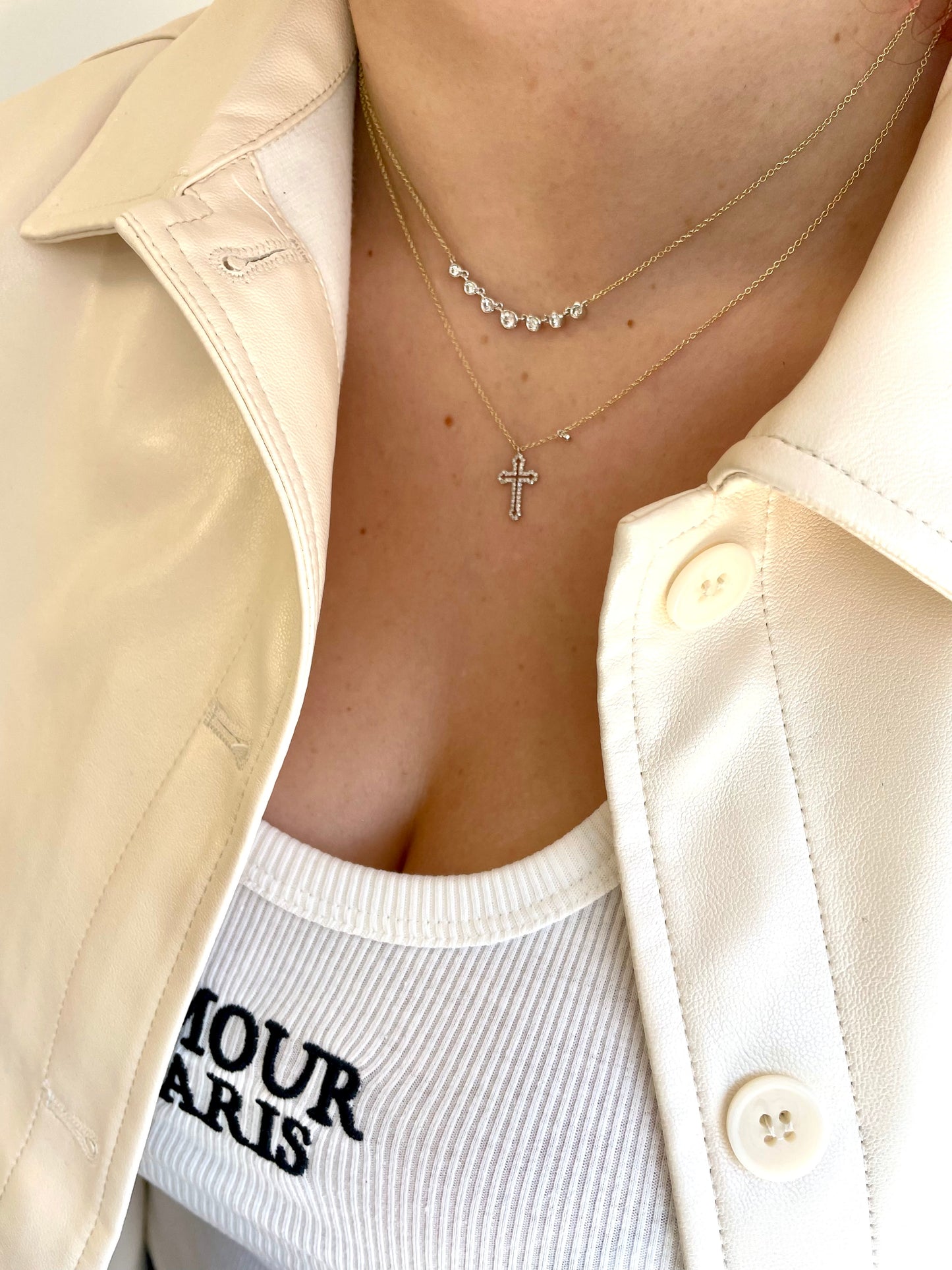 Two Tone Diamond Cross and Bezel Necklace