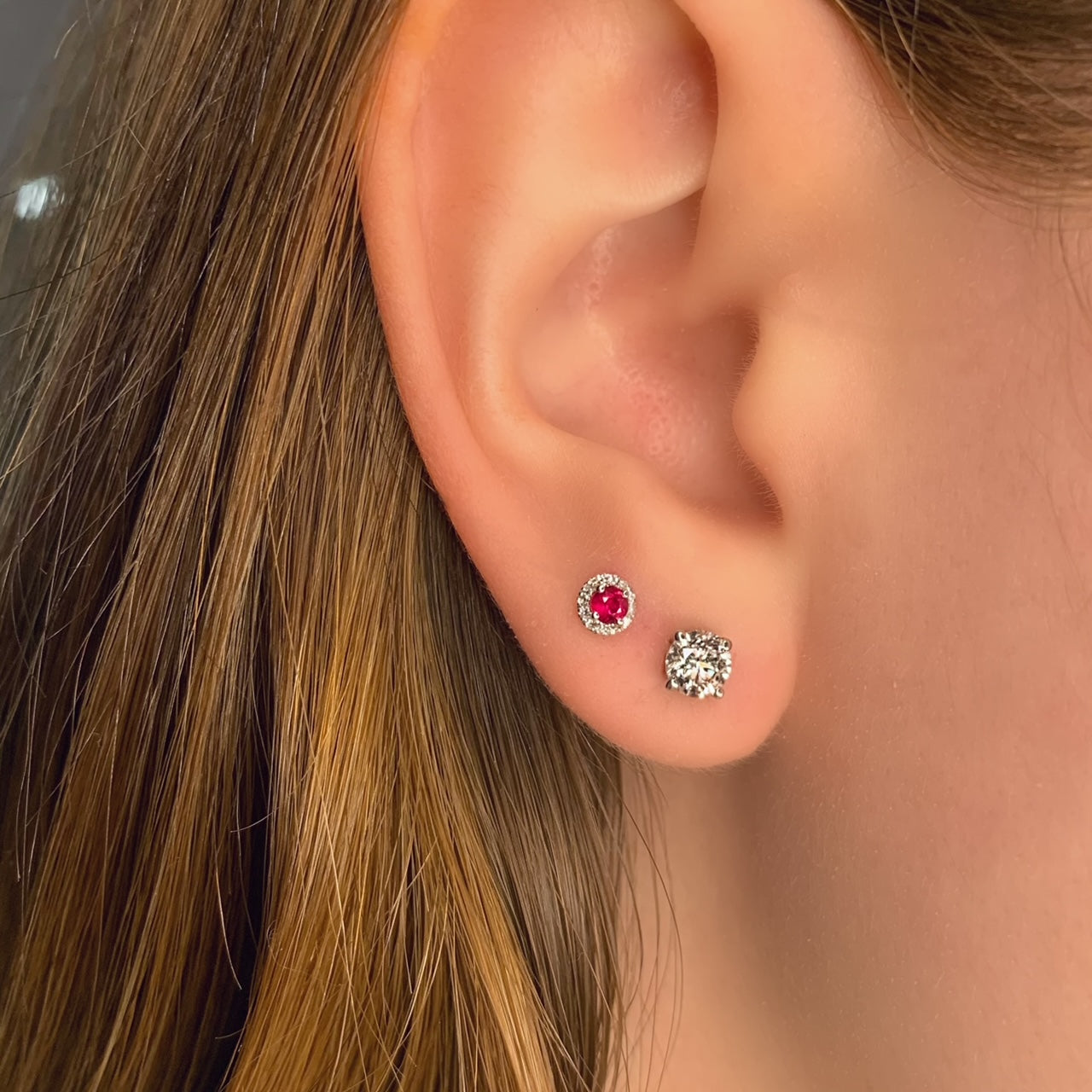 Mini Ruby Studs with Diamond Halo