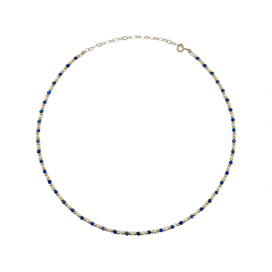 Alternating  Dainty Lapis Pearl and Gold Bead Necklace