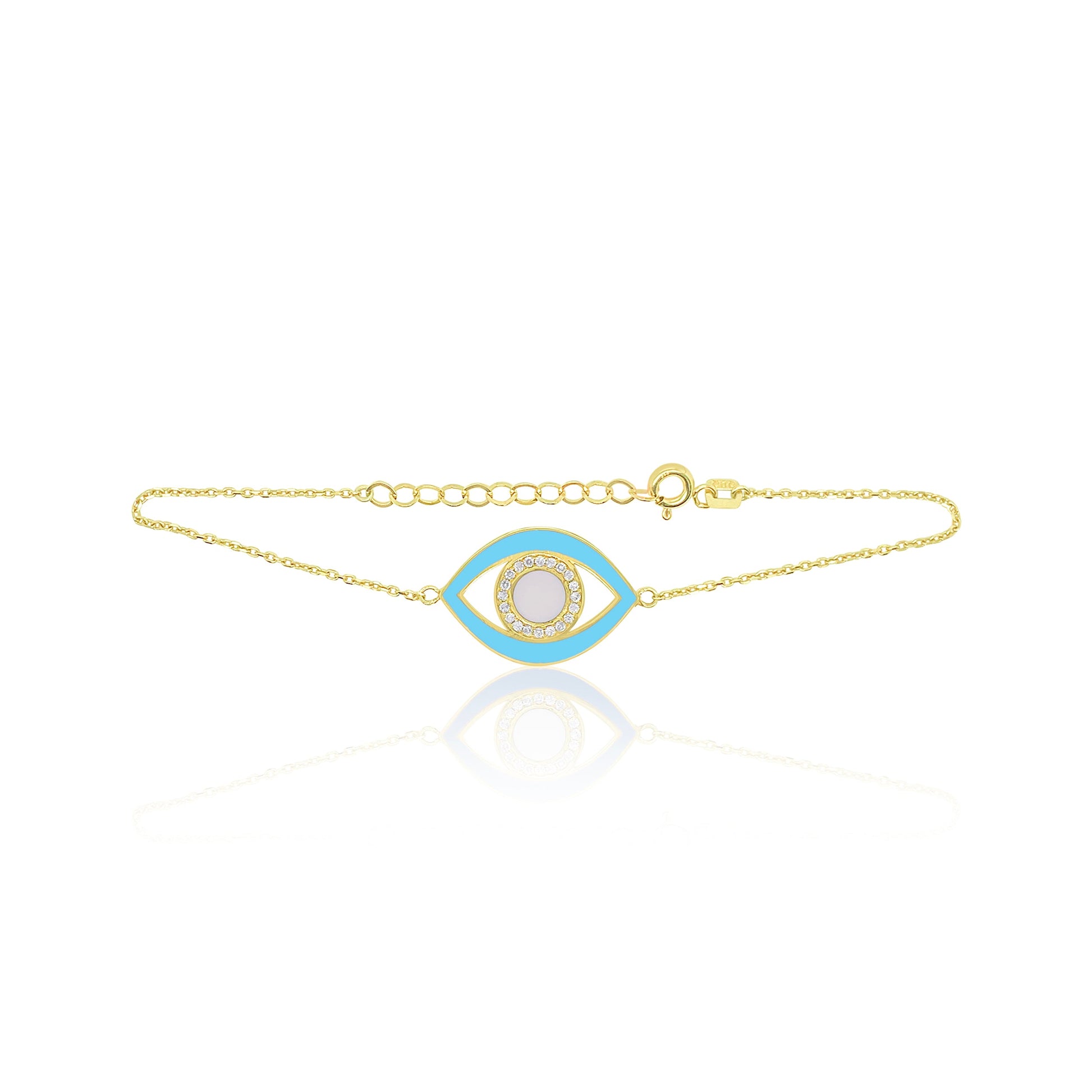 Sky Blue Evil Eye Bracelet and Diamond Center with Gold Chain