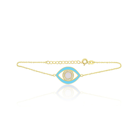 Sky Blue Evil Eye Bracelet and Diamond Center with Gold Chain
