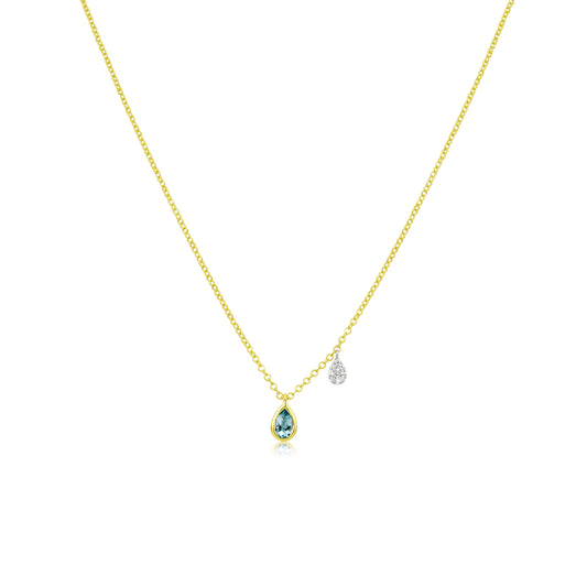 Yellow Gold Mini Blue Topaz Pear Drop Necklace