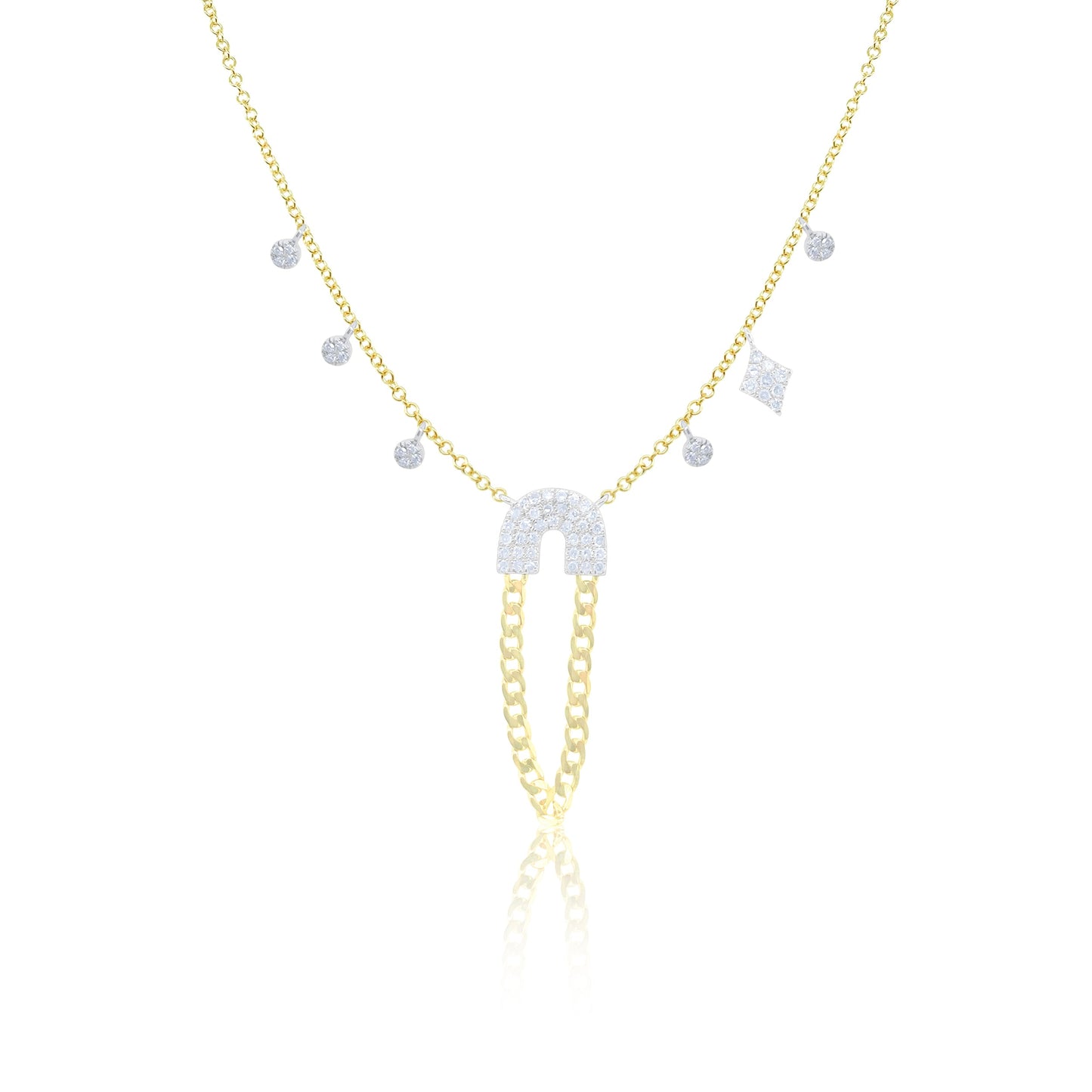 Yellow Gold Diamond Necklace with Curb Chain Dangle