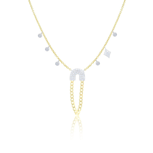 Yellow Gold Diamond Necklace with Curb Chain Dangle