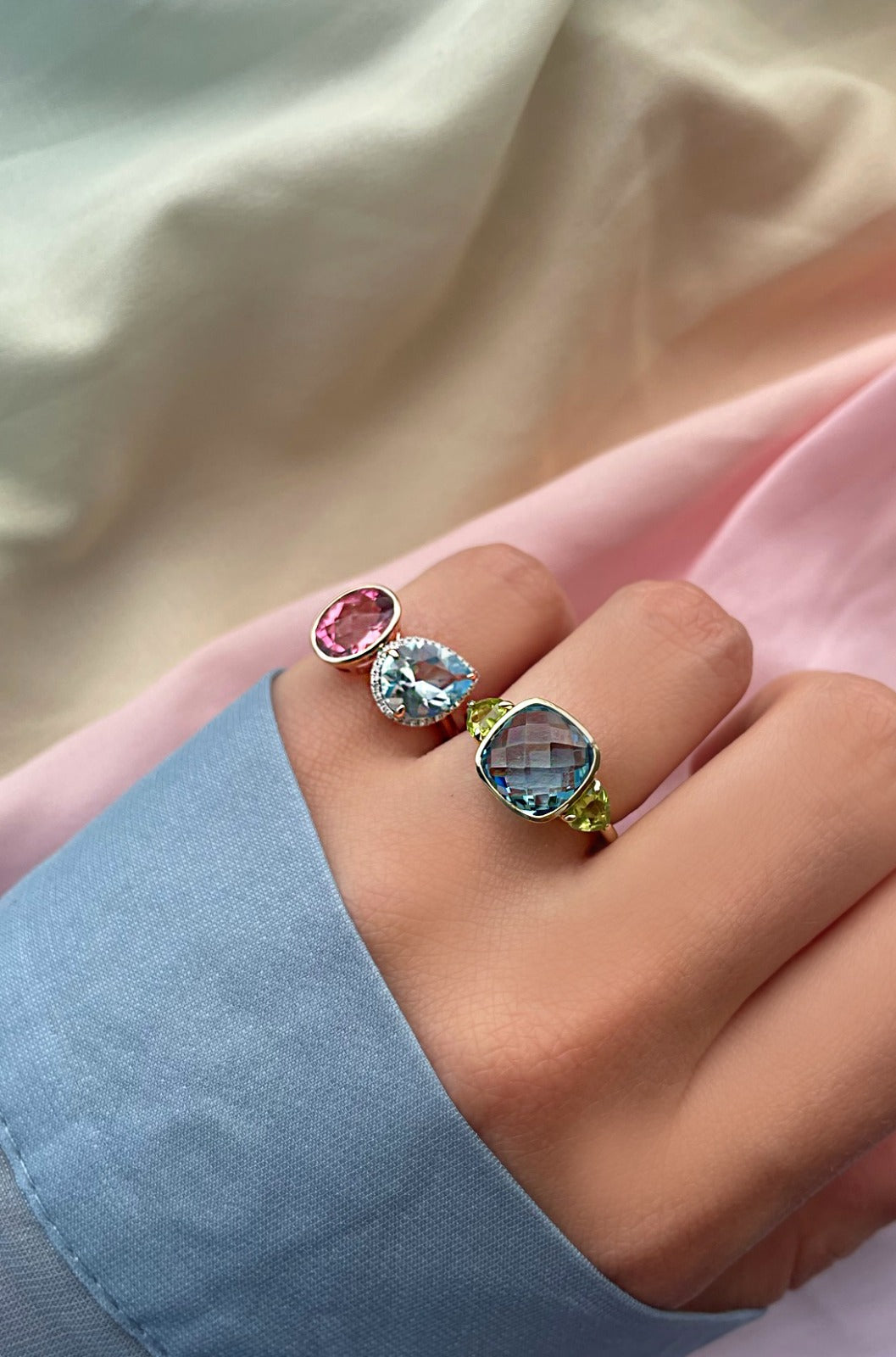 Toi et Moi: Rose Gold Pink and Blue Topaz Ring