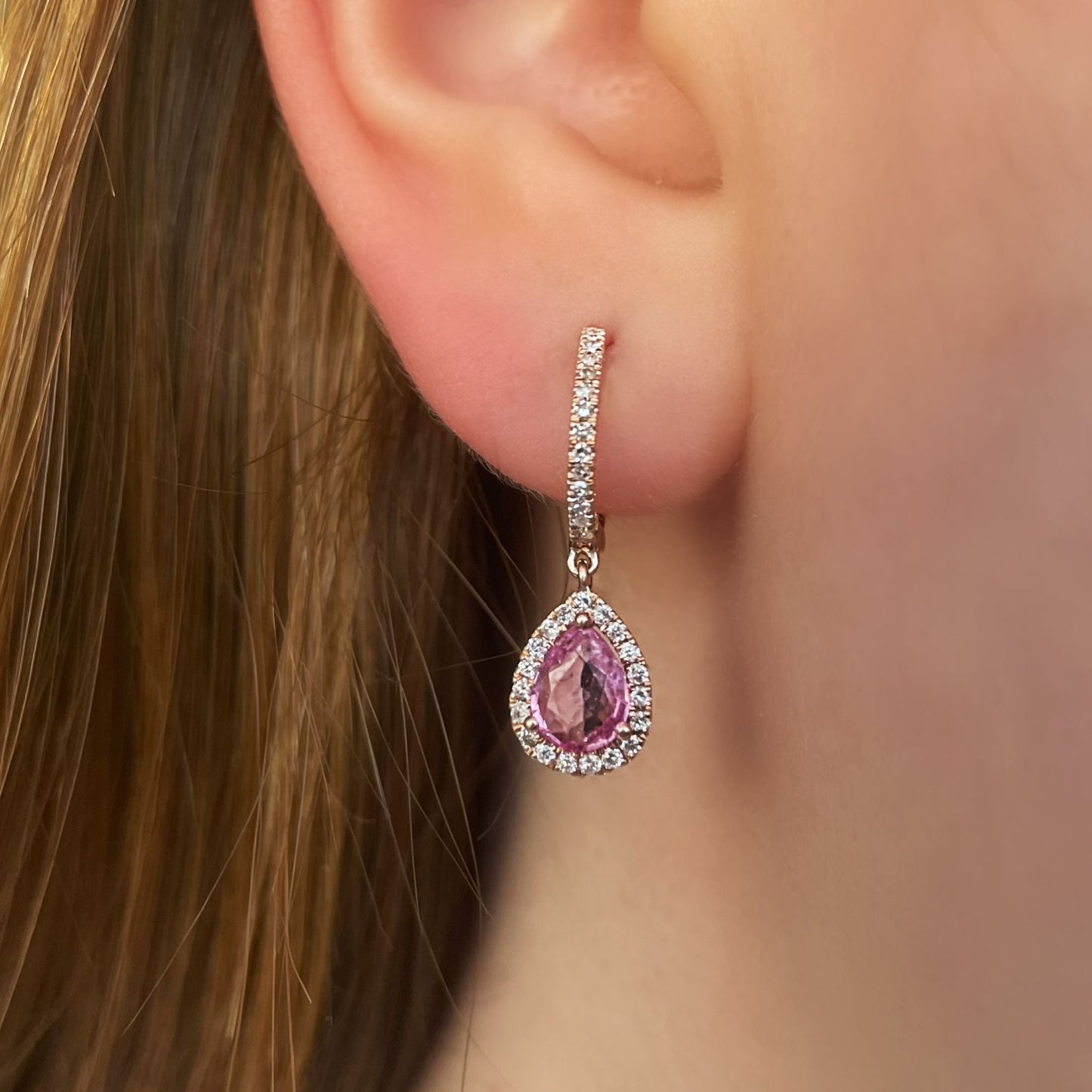 Rose Gold Pink Sapphire Pear Drop Huggies