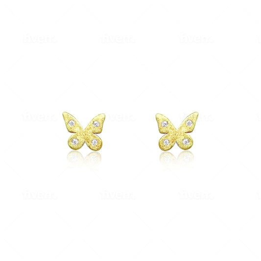 Butterfly Brushed Yellow Gold and Diamond Stud
