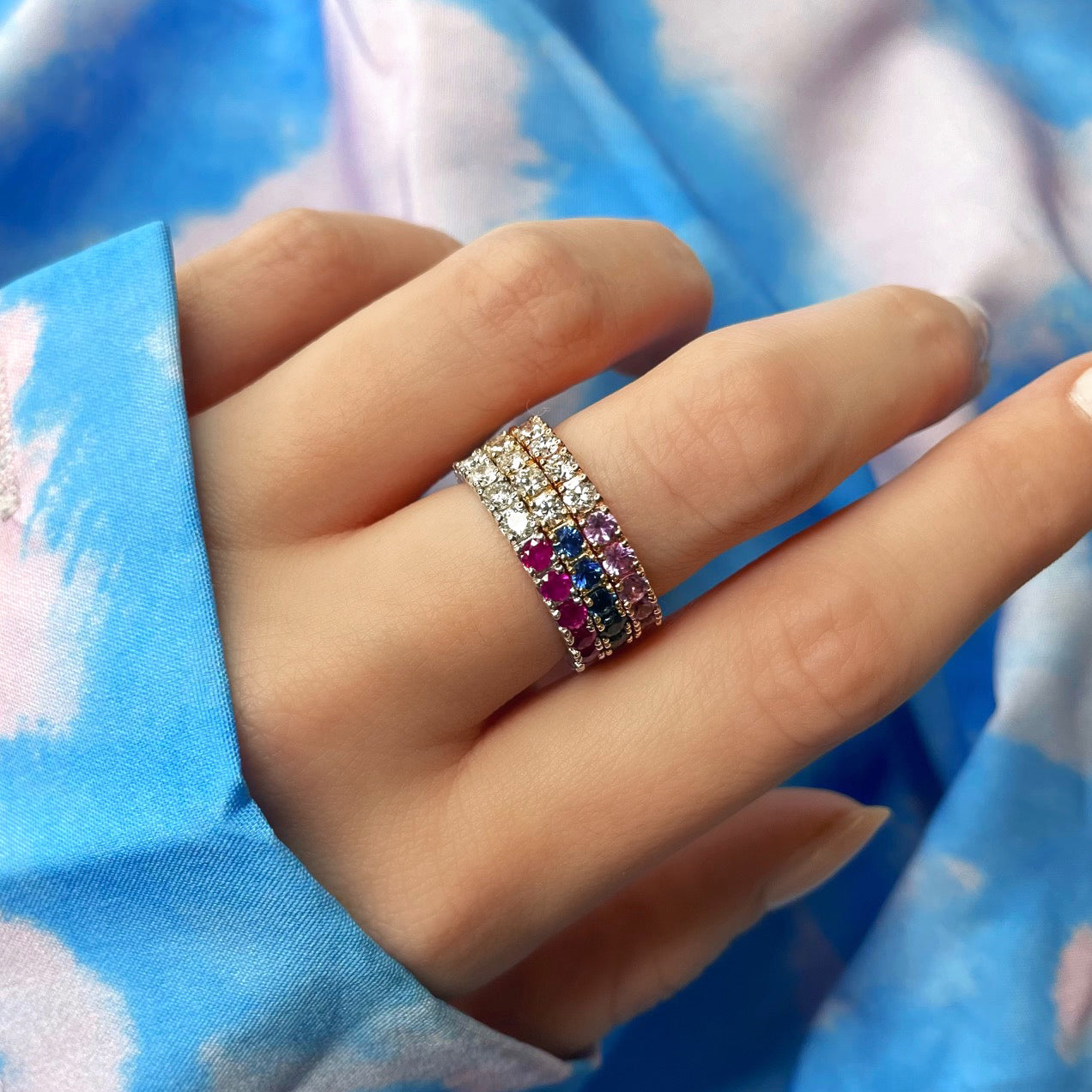 half and half pink sapphire and diamond rose gold ring 