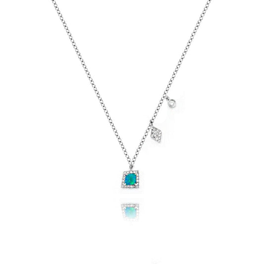 White Gold Diamond Opal Charm Necklace