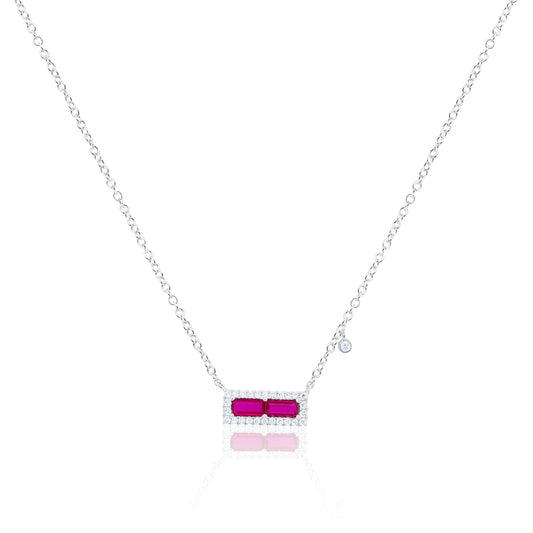 White Gold Ruby Bar and Diamond Necklace