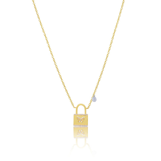 Yellow Gold Diamond Lock and Butterfly Necklace