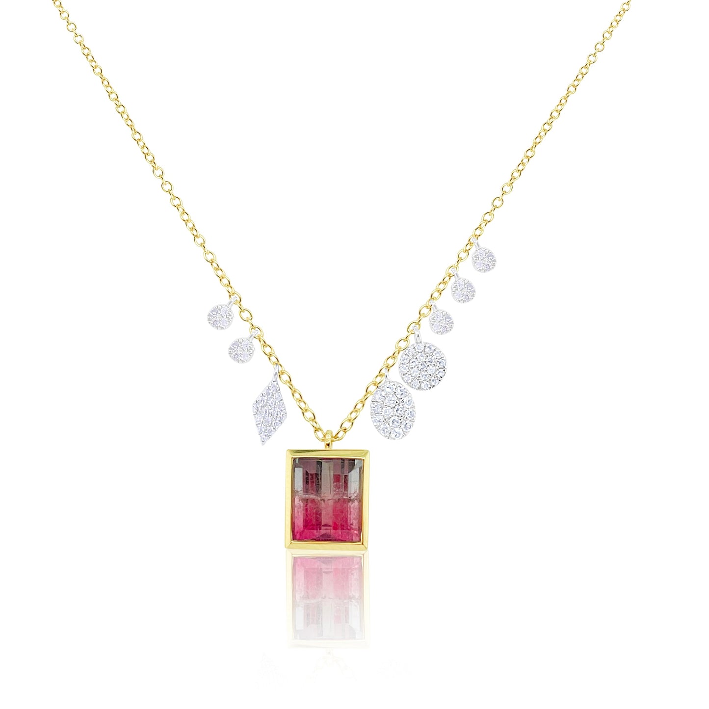 Yellow Gold Diamond Watermelon Tourmaline Necklace with Charms